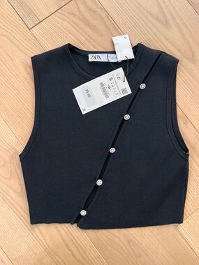 Zara Black Sleeveless Ribbed Tank with Diagonal Rhinestone Buttons